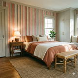 Textured Dune Thread Wallpaper with stripes, and vertical pattern on a bedroom wall.
