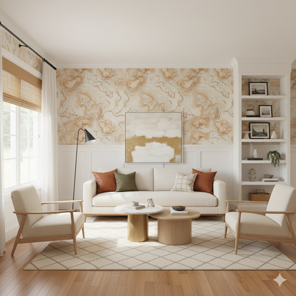 Neutral wallpaper with a topographic pattern, from Terra Alta, complementing the room decor.