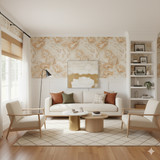 Neutral wallpaper with a topographic pattern, from Terra Alta, complementing the room decor.