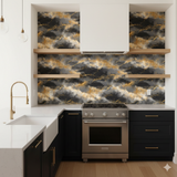 Stormborne wallpaper with black and gold marble pattern, a luxurious design for walls.
