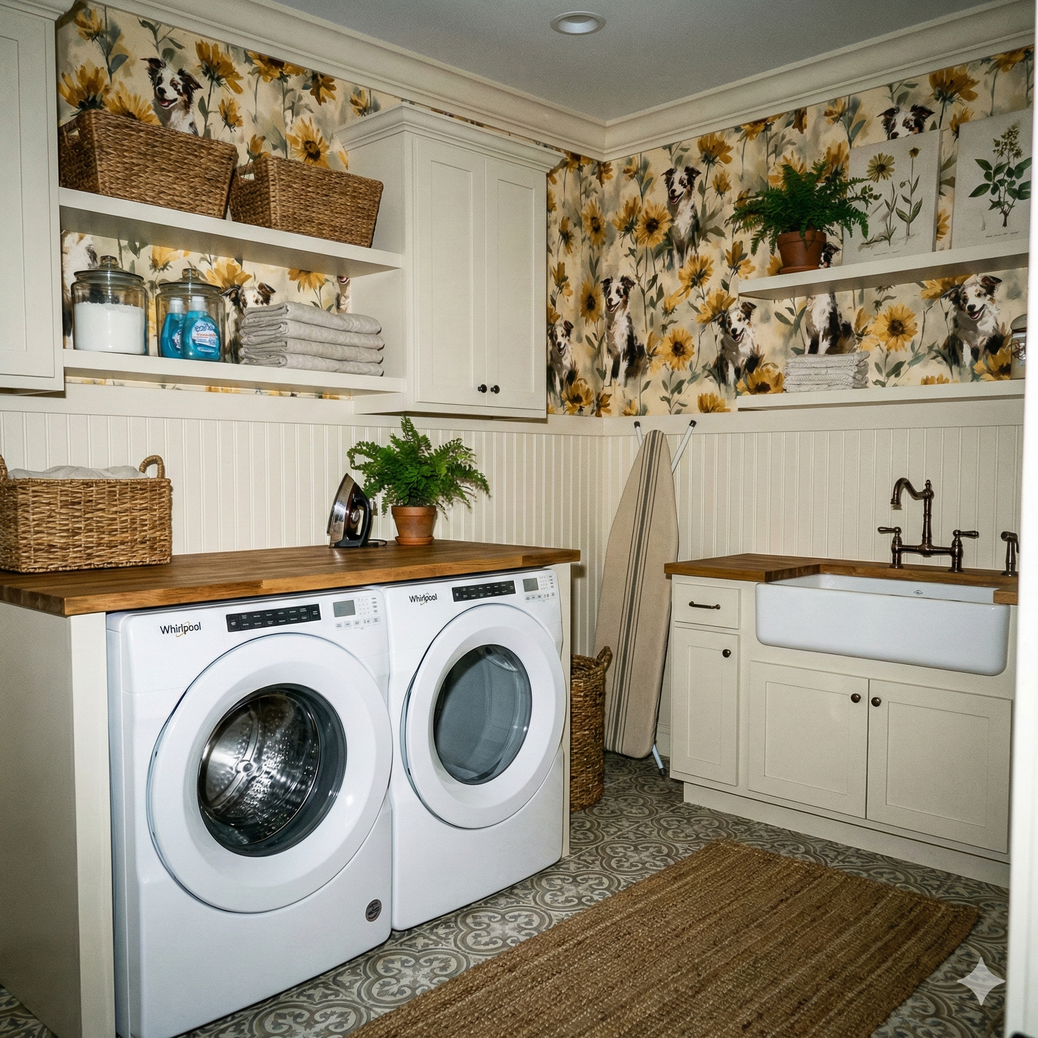 Floral and dog print wallpaper with yellow sunflowers by Sunlit Shepherd, covering a laundry room wall above white beadboard paneling.