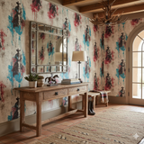 Textured frontier residue wallpaper featuring cowboy motifs with red and blue splashes, in a rustic entryway setting.