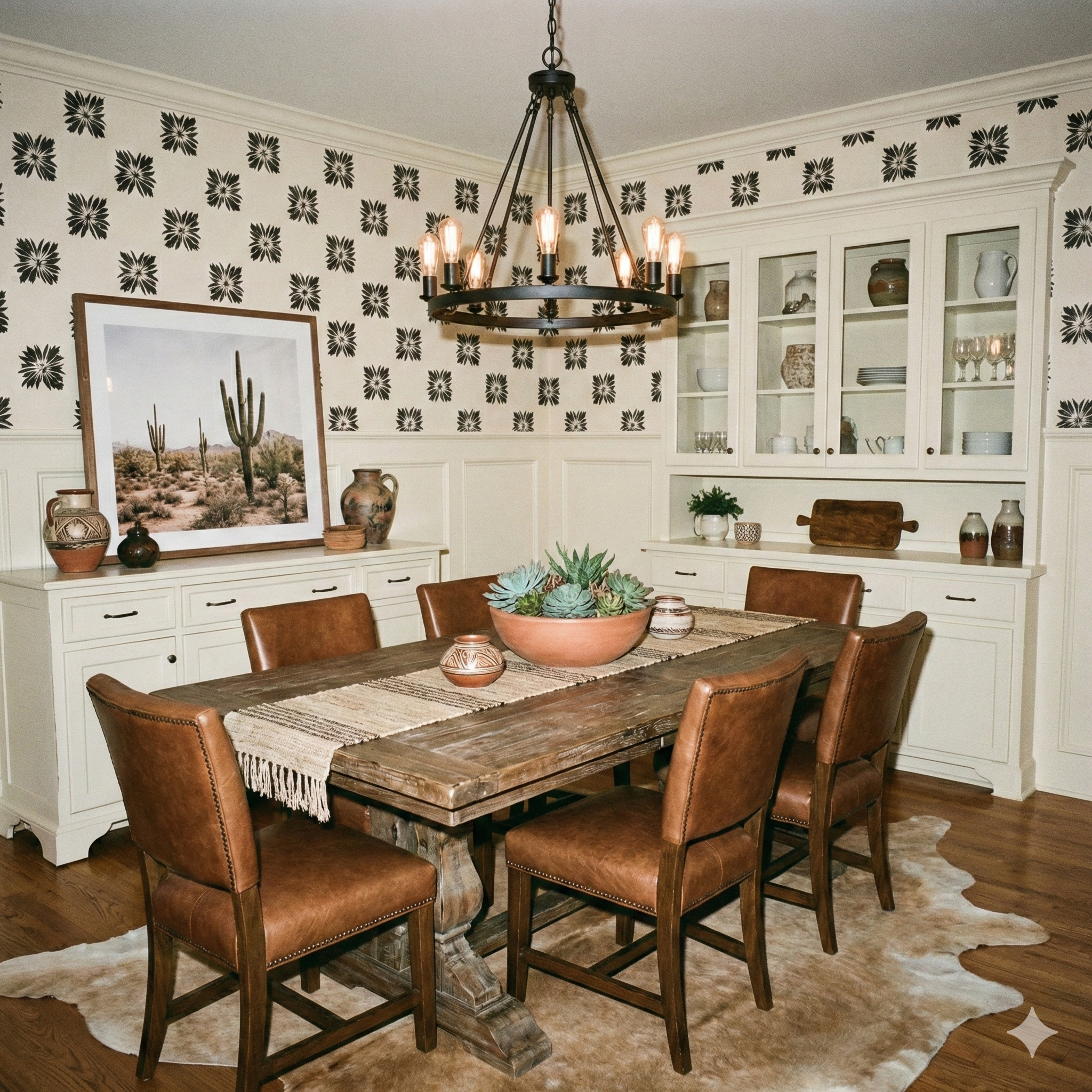 Spurline Assembly wallpaper with a floral pattern, covering the walls of the dining room.