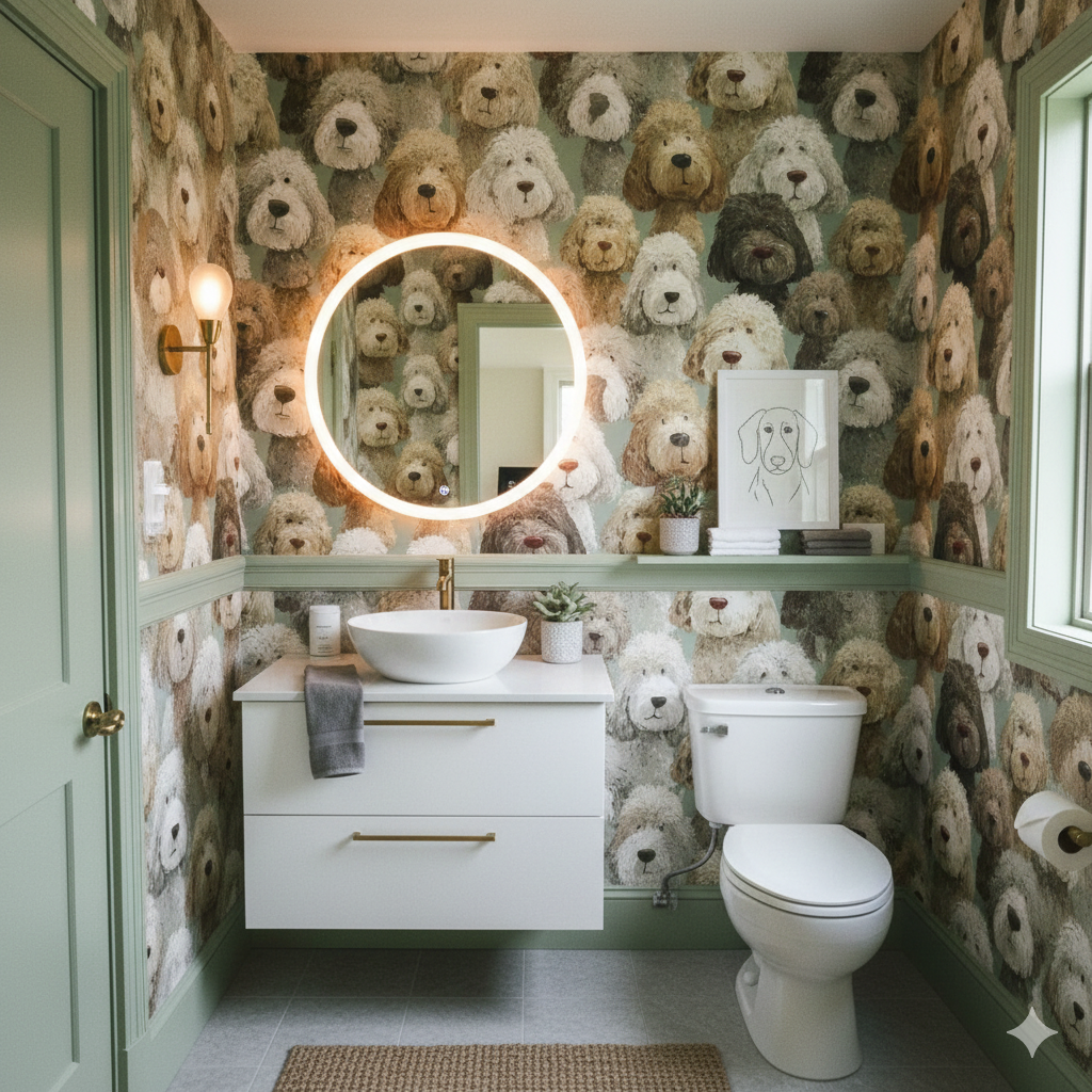 Dog-patterned wallpaper by Honeywell, featuring a playful design with light and dark brown hues, covering an entire bathroom wall.
