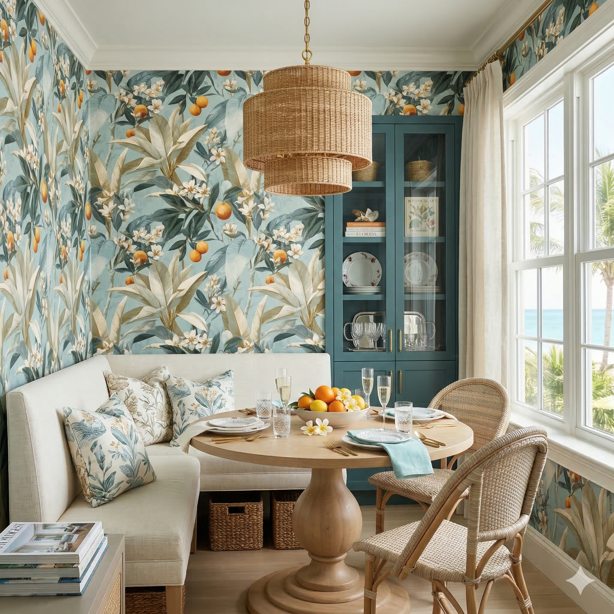 Citrus atelier wallpaper with leaf pattern on blue background.