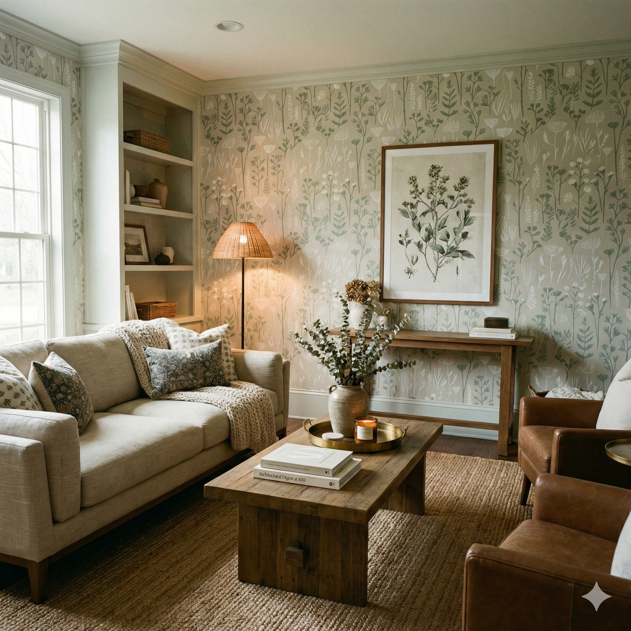 Floral Aalto Meadow Wallpaper with green botanical pattern, no visible brand attribution.