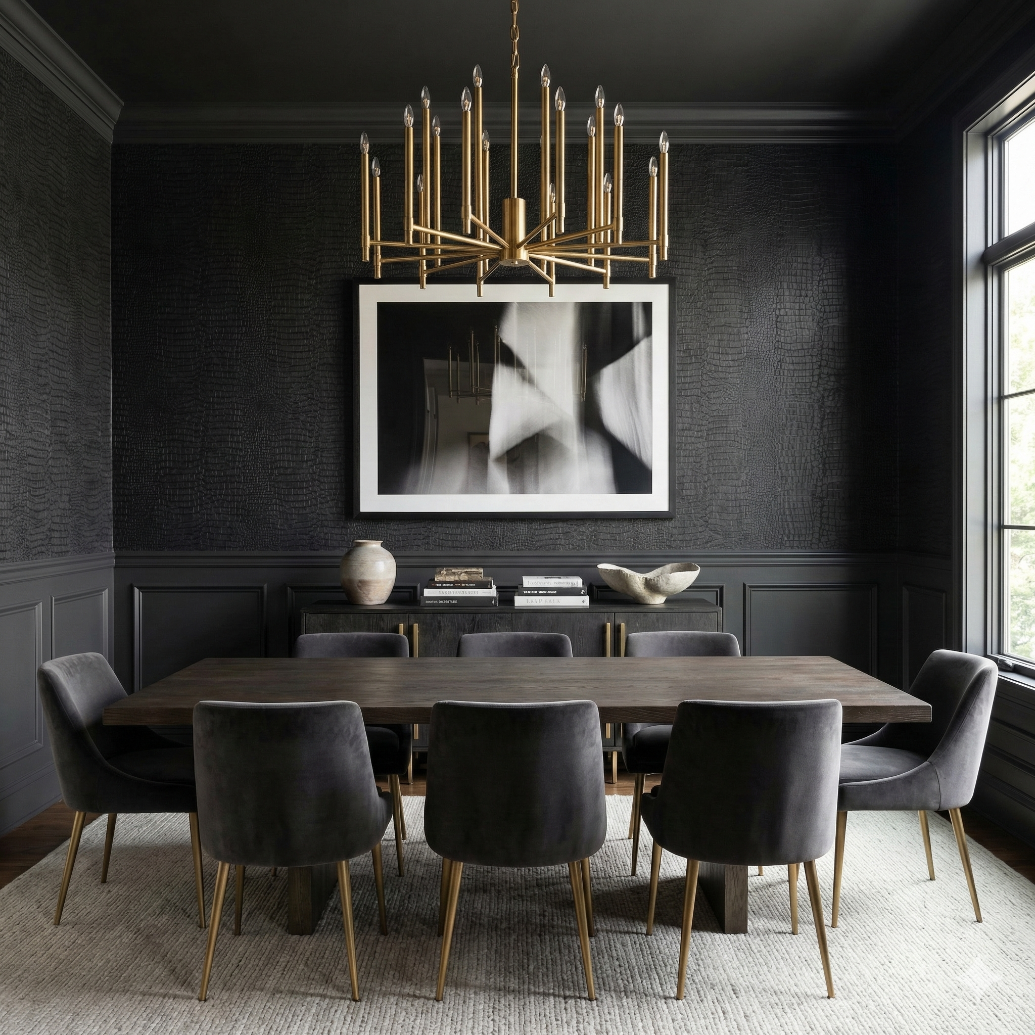 Black reptile-print wallpaper with a raised texture, covering the wall from chair-rail to ceiling.