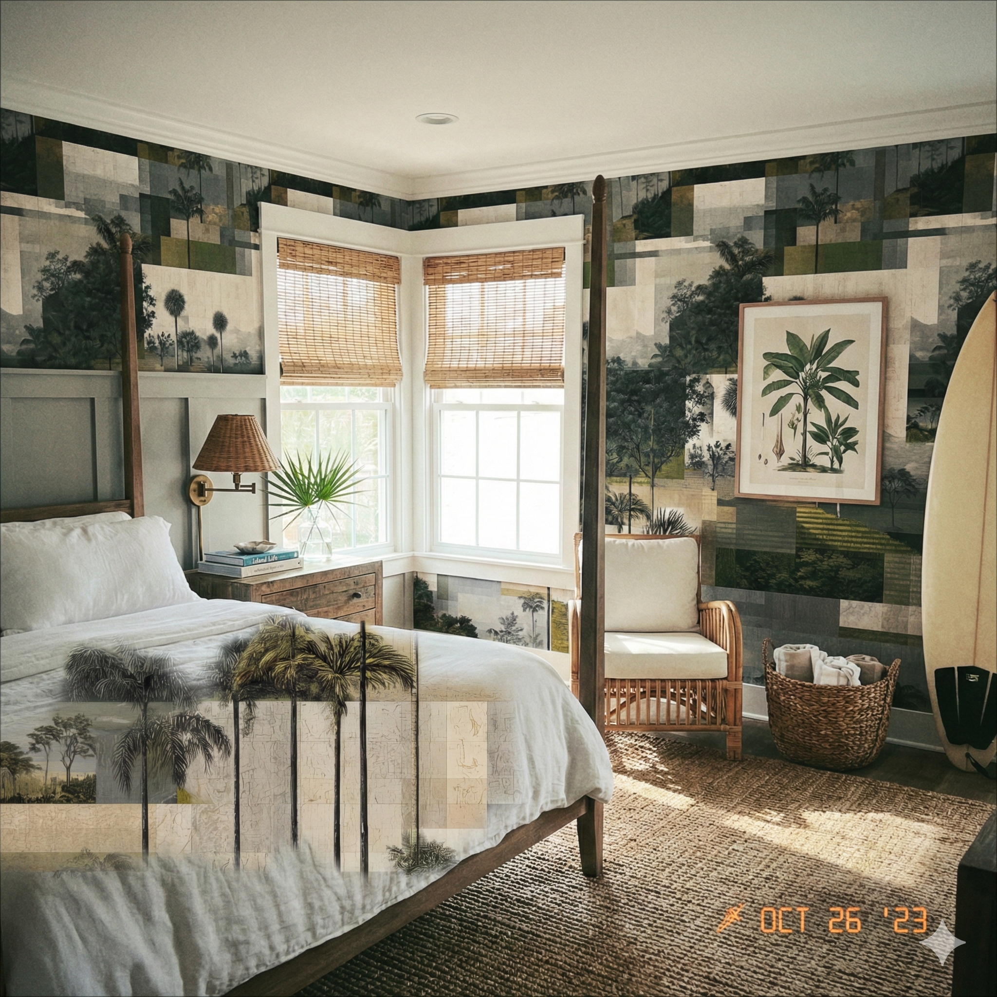 Lowcountry Memory Wallpaper featuring palm trees and foliage patterns, covering an entire bedroom wall.
