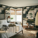 Lowcountry Memory Wallpaper featuring palm trees and foliage patterns, covering an entire bedroom wall.
