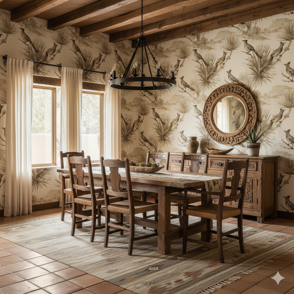 Beige Desert Etching Wallpaper with bird pattern, visible in a dining room setting.