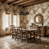 Beige Desert Etching Wallpaper with bird pattern, visible in a dining room setting.