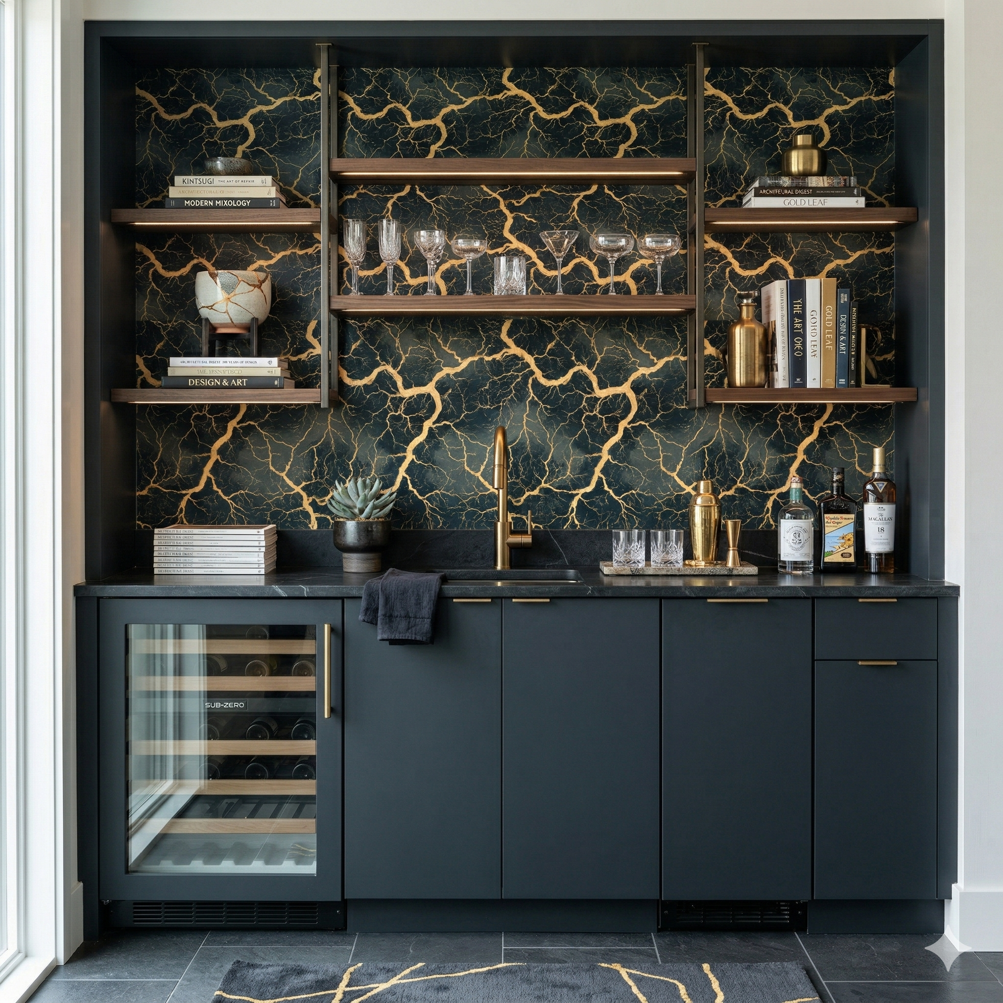 Gilded Faultline Wallpaper with black and gold lightning bolt pattern.
