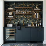 Gilded Faultline Wallpaper with black and gold lightning bolt pattern.
