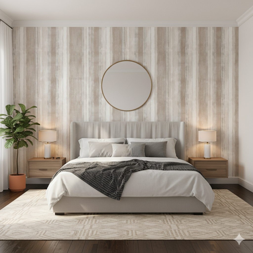 Greige Meridian wallpaper with vertical stripes, featured in a bedroom setting.
