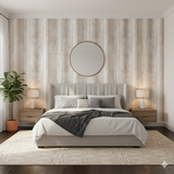 Greige Meridian wallpaper with vertical stripes, featured in a bedroom setting.

