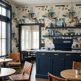 Nautical themed lounge wallpaper with seascapes and blue accents, patterned with ships and cups.