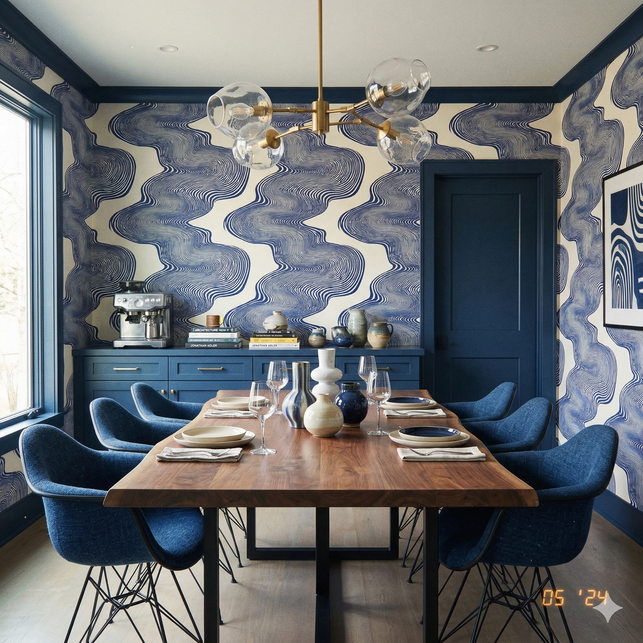 Cobalt drift wallpaper with a swirling blue and white pattern covering the walls of the dining room.
