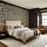 Fragment Field Wallpaper with black and beige pattern, seen in a bedroom setting.