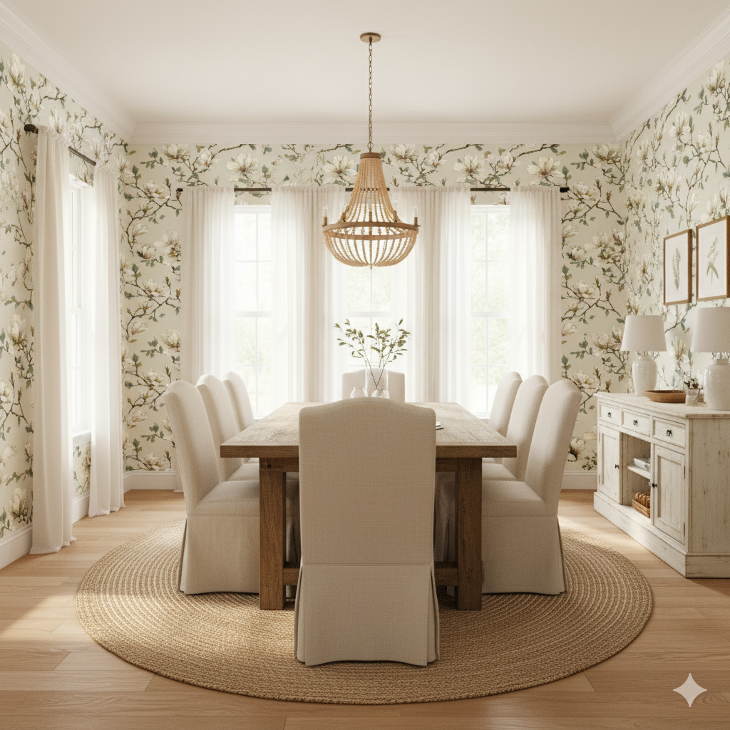 Magnolia Murmurs wallpaper with floral pattern, featured in a dining room setting.
