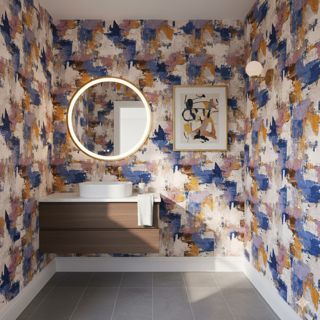 Patterned Marseille Atelier Wallpaper with blue, gold, and pink brushstroke design.
