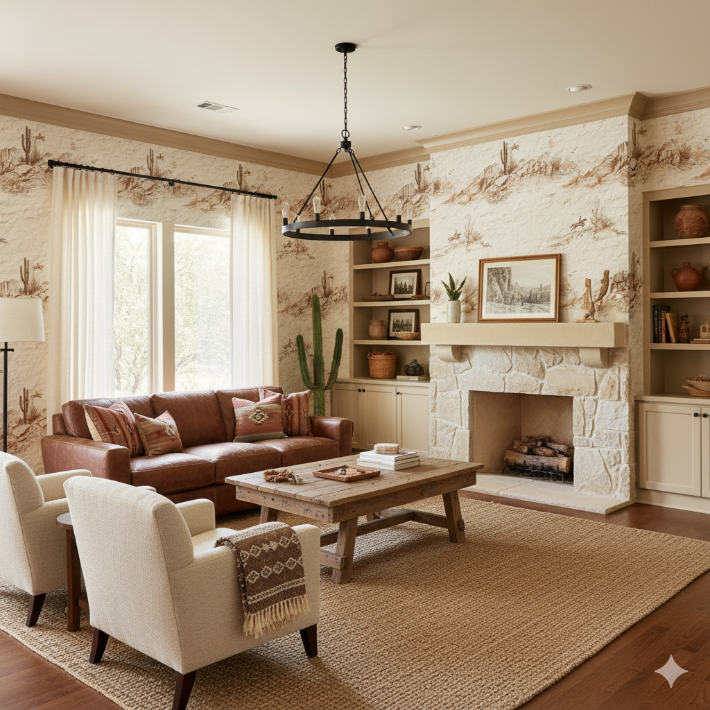 Canyon Etude Wallpaper featuring a desert landscape scene, with a textured, neutral color palette.