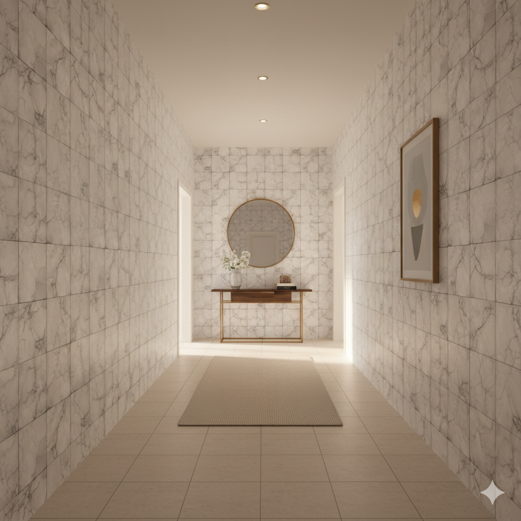 Carrara Square Wallpaper with a marble-like pattern, adorning the walls in a hallway setting.