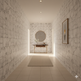 Carrara Square Wallpaper with a marble-like pattern, adorning the walls in a hallway setting.