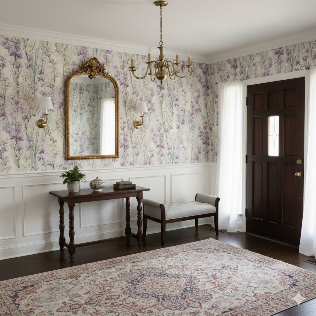 Orchidée Lune wallpaper with floral pattern, covering walls above white wainscotting.