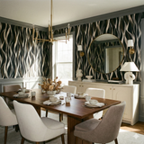 Opaline Drift wallpaper featuring a wavy pattern in black, beige, and white.