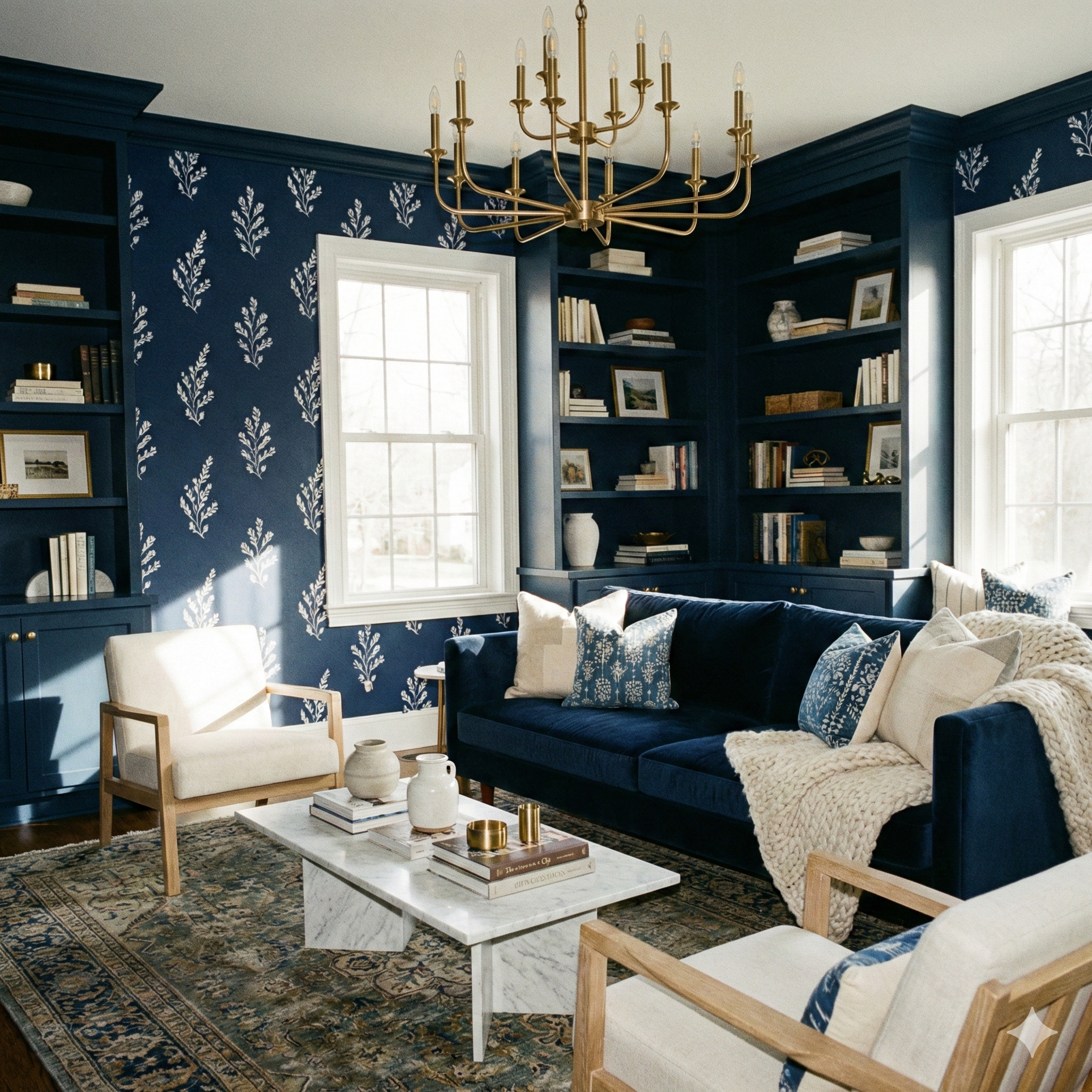 Navy sprig wallpaper with a white botanical pattern, textured design, in a styled living room.
