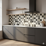Tile effect wallpaper with a floral pattern by Wallpapers, shown in a kitchen setting with gray cabinets and light wood floors.