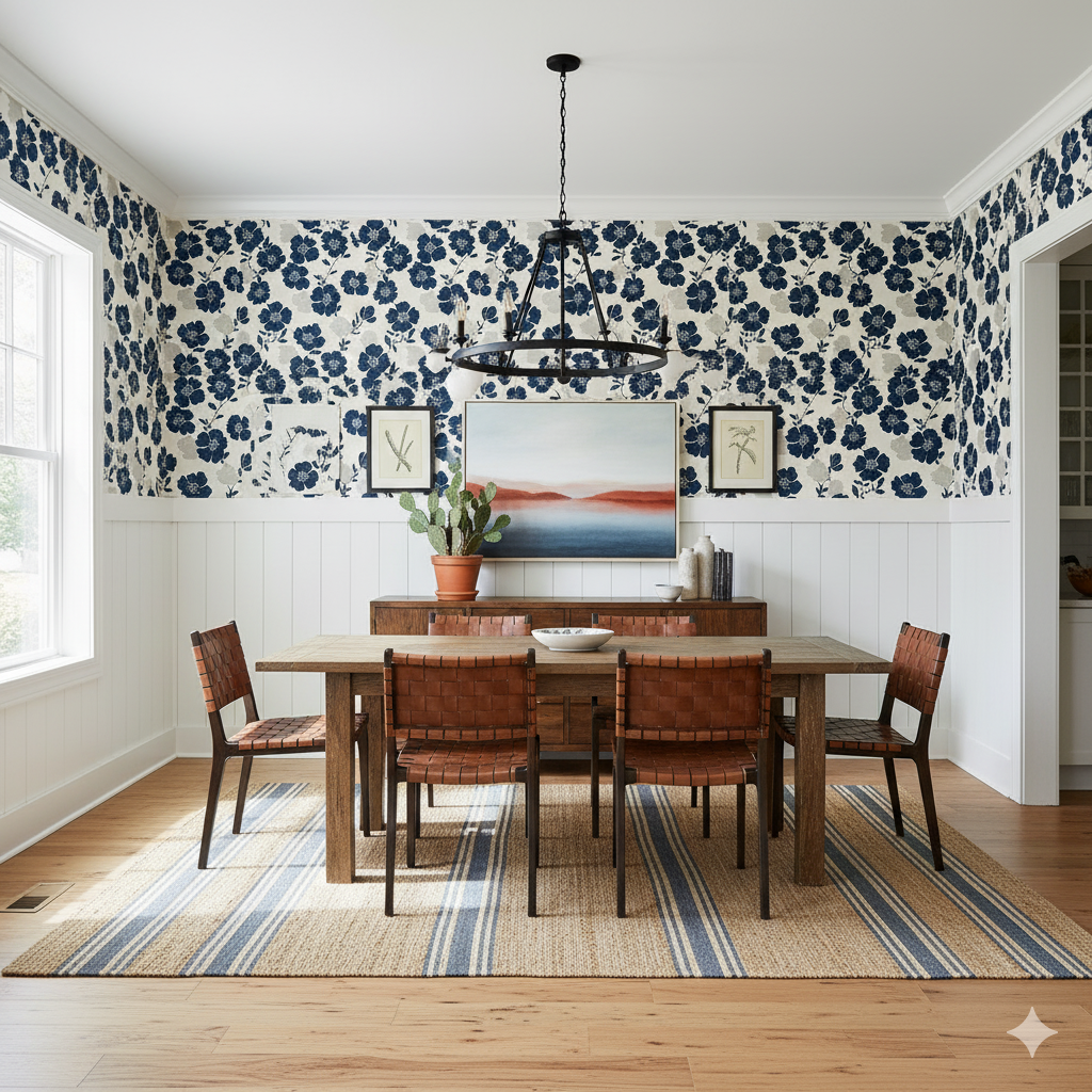 Noctis Bloom wallpaper with a floral pattern, featuring blue flowers against a cream background.