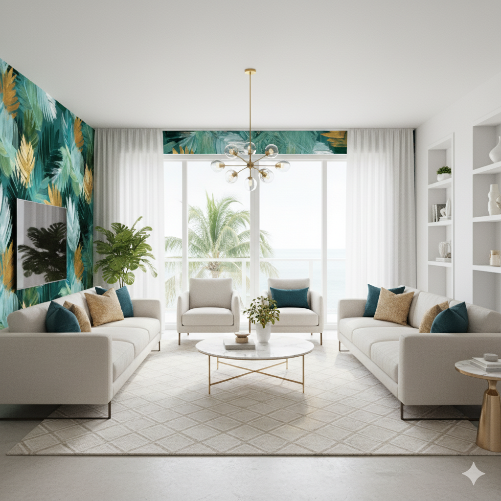 Aurelian Palm Wallpaper with a green and gold leaf pattern.
