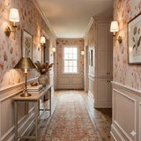 Arroyo Bloom Wallpaper with a floral pattern on the wall of a hallway.