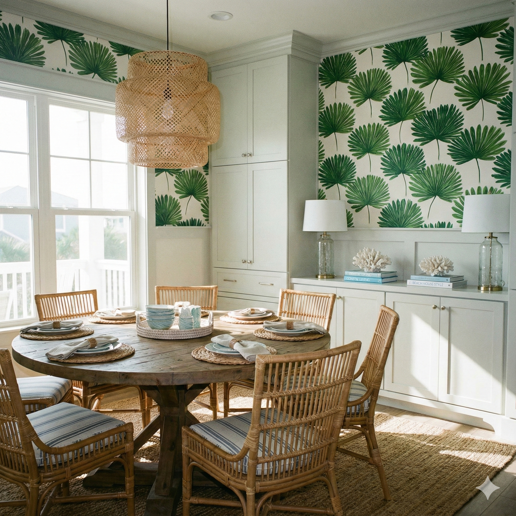 Green fanleaf wallpaper with a white backdrop, featuring a tropical pattern, and used as a wall covering.
