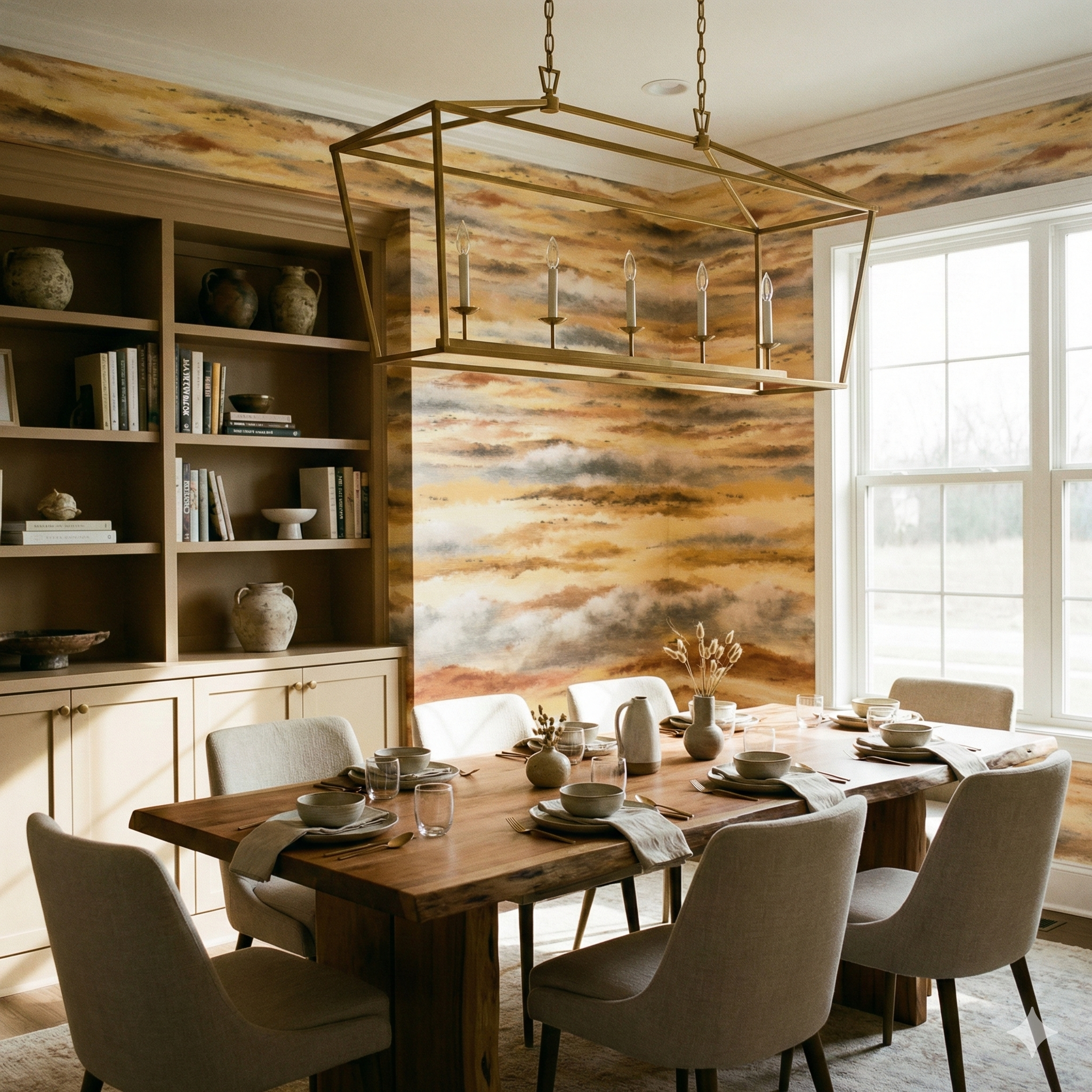 Sunbaked Strata wallpaper with an abstract pattern, set in a dining room with a wooden table.