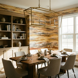 Sunbaked Strata wallpaper with an abstract pattern, set in a dining room with a wooden table.