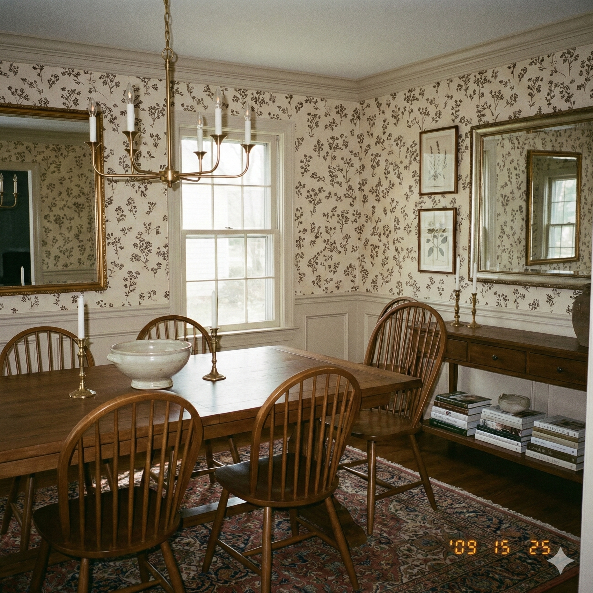 Floral pattern wallpaper from Stillfield, covering walls with coordinating trim and decor.
