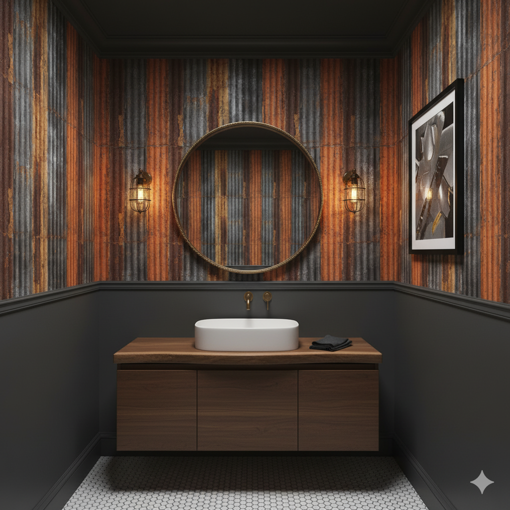 Ironvale Wallpaper with distressed metal effect, featuring a vertical corrugated pattern in rust and gray tones.