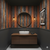 Ironvale Wallpaper with distressed metal effect, featuring a vertical corrugated pattern in rust and gray tones.