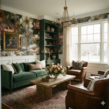 Floral wallpaper with large peony pattern, covering walls above wainscoting, with matching fabric valance over a bright window.
