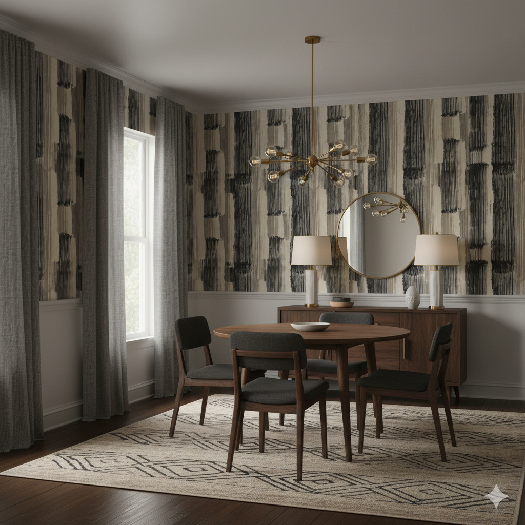 Gravit Noir wallpaper with a vertical stripe pattern, in a dining room setting.