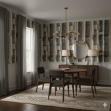 Gravit Noir wallpaper with a vertical stripe pattern, in a dining room setting.