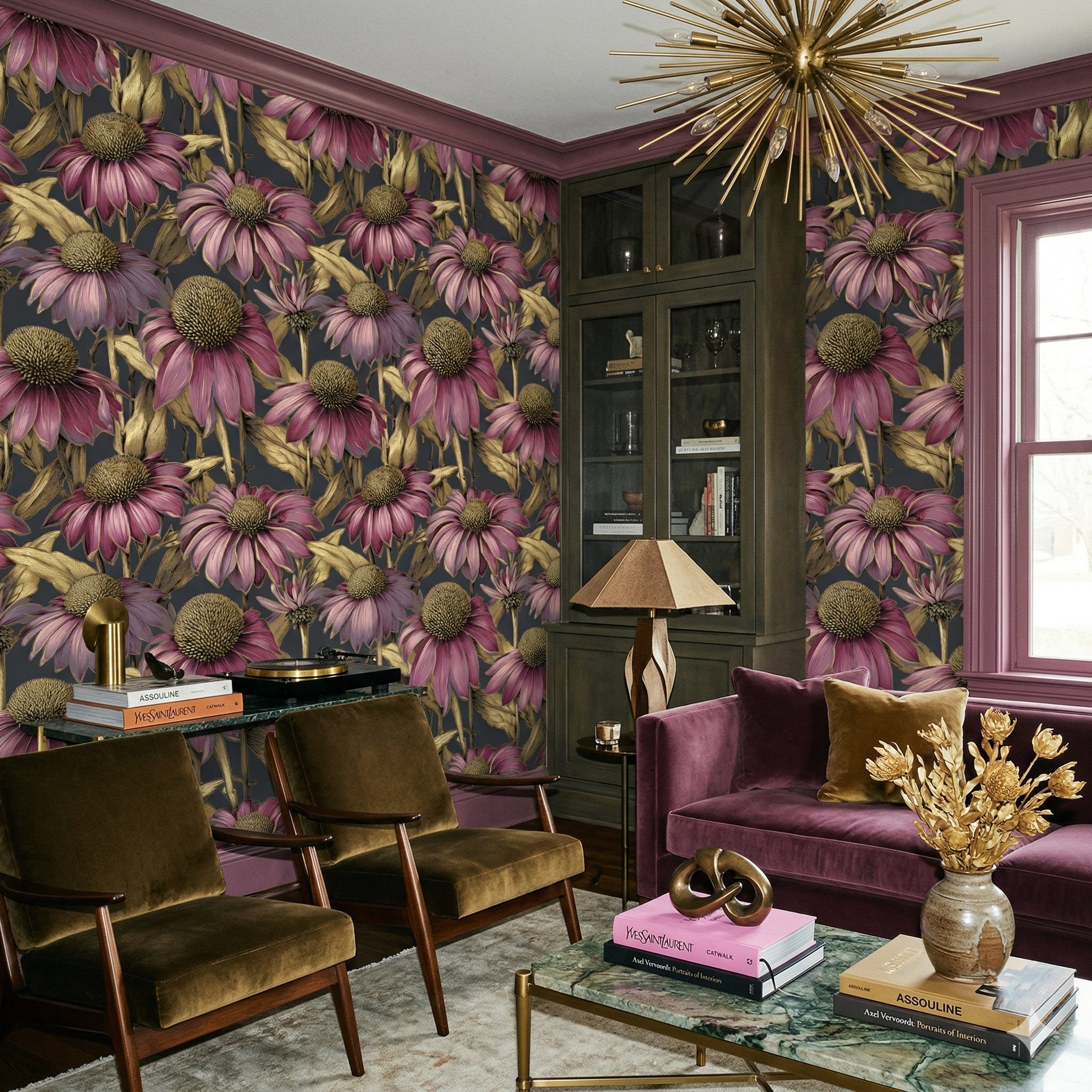 Veloria Coneflower wallpaper by Wallshoppe featuring purple floral and gold leaf pattern.