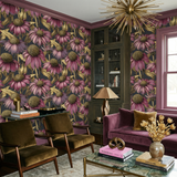 Veloria Coneflower wallpaper by Wallshoppe featuring purple floral and gold leaf pattern.