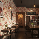 Floral pattern wallpaper with cherry blossom branches, for a warm interior design.