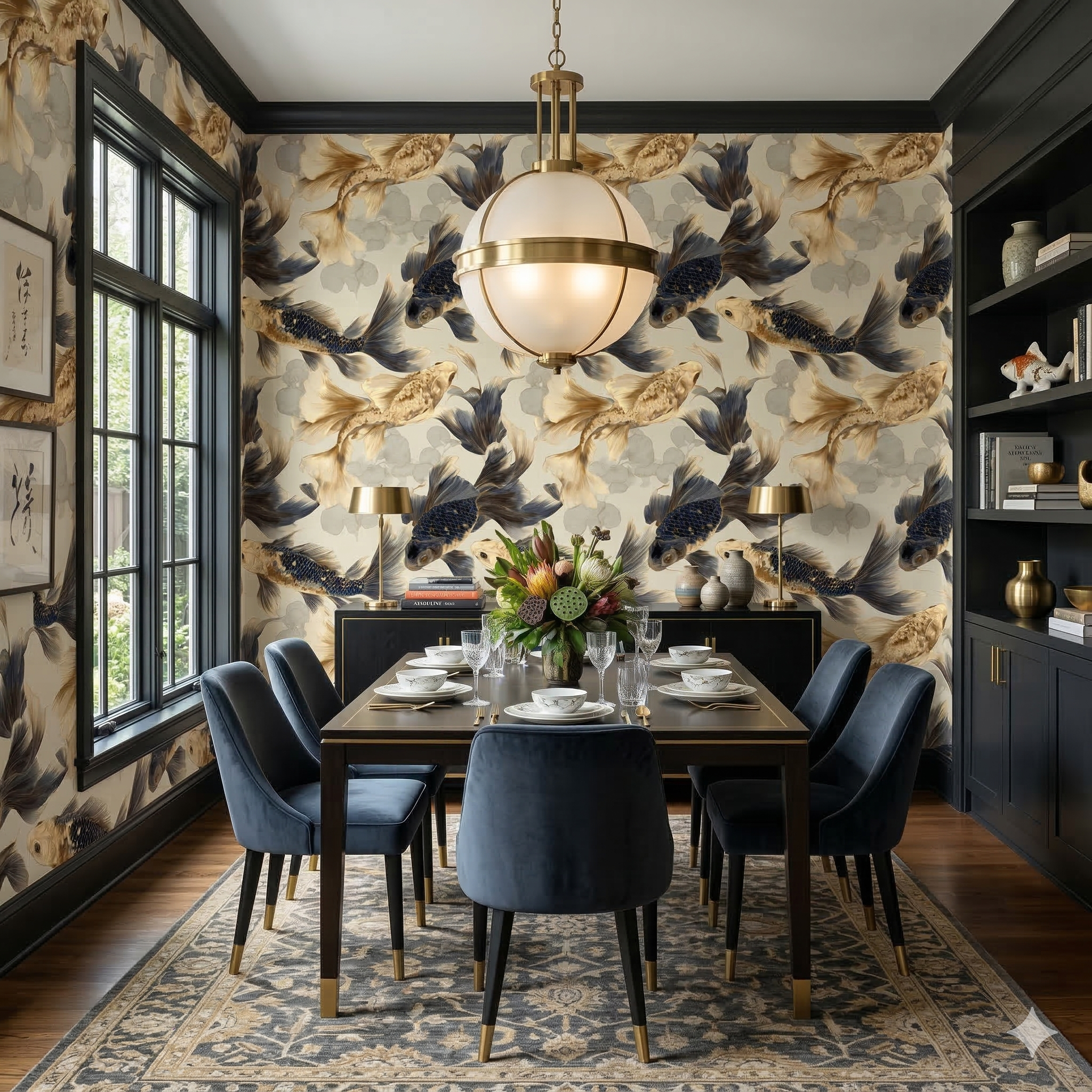 Gilded Koi wallpaper with a fish pattern, filling the room with a black dining set.
