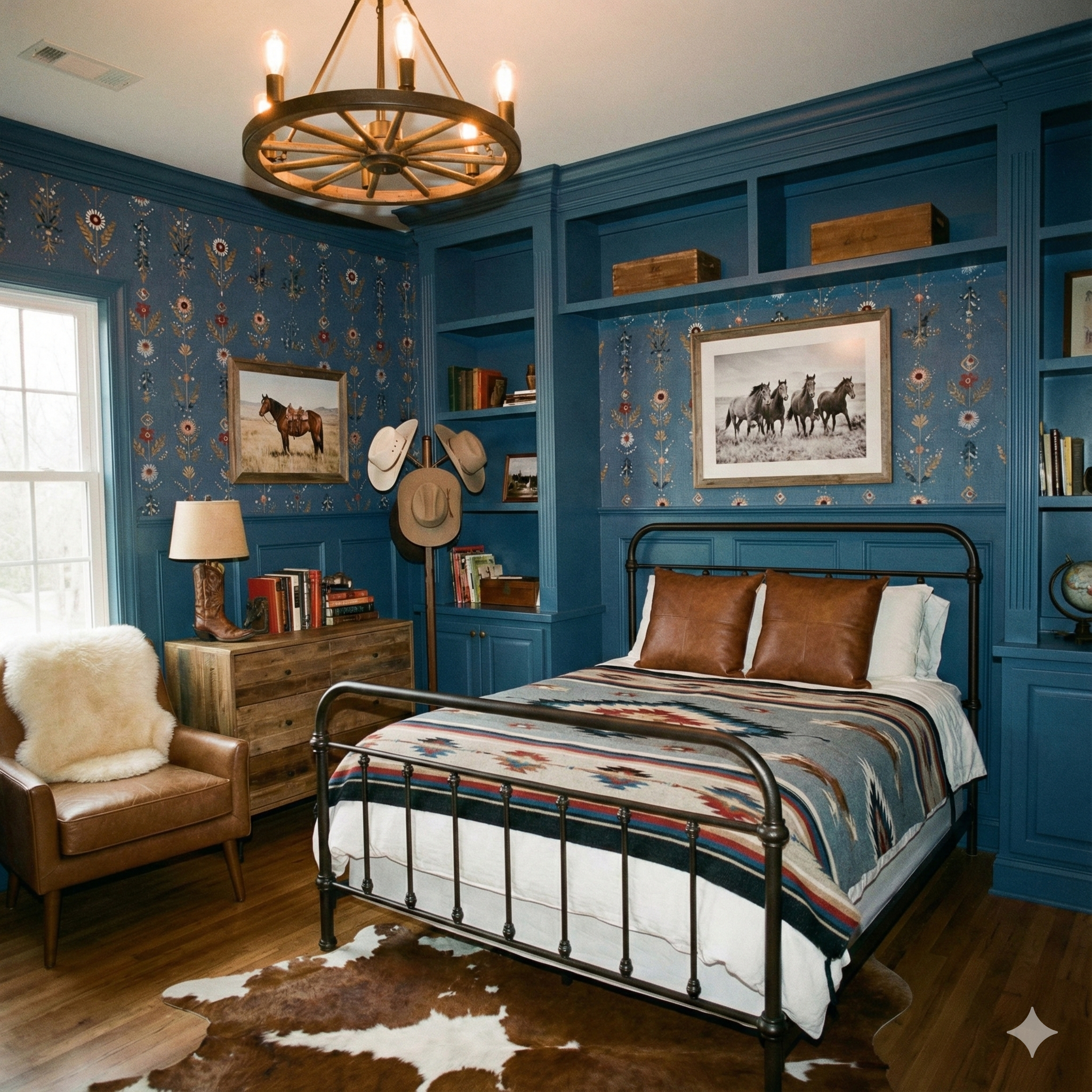 Patterned Sablehurst Stitch Wallpaper with blue floral motif covering the walls in a styled bedroom scene.