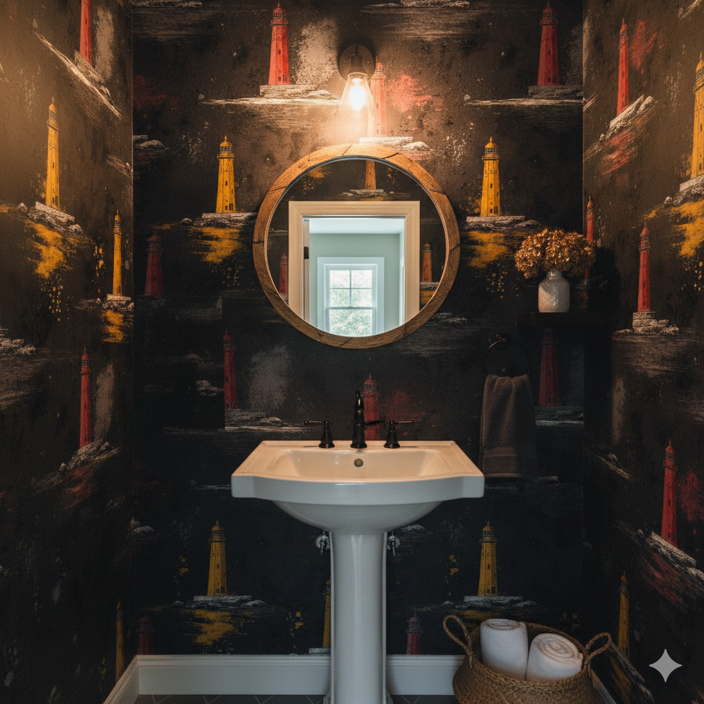 Beacon’s Vigil wallpaper featuring a lighthouse pattern on a dark background, covering the bathroom walls.