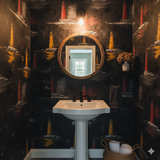 Beacon’s Vigil wallpaper featuring a lighthouse pattern on a dark background, covering the bathroom walls.